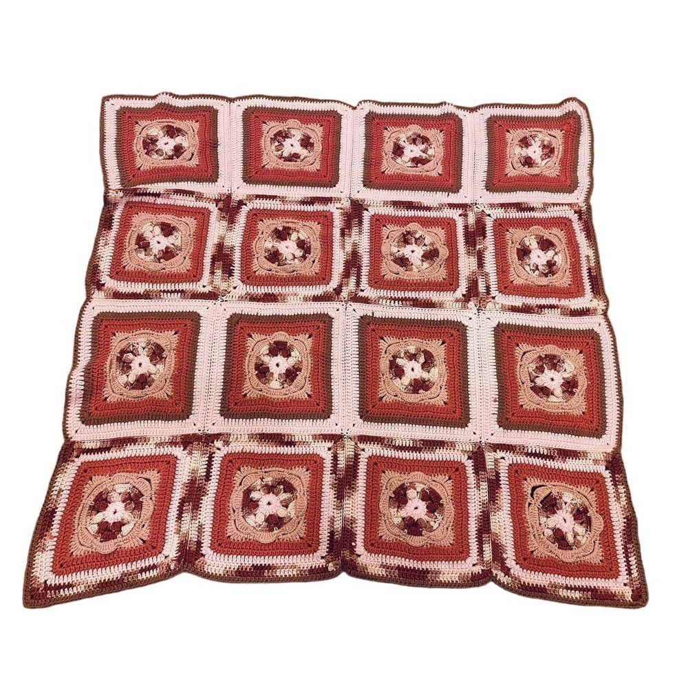 Granny Square Crocheted Knit Blanket Pink Mauve Purple Grannycore Girl’s Throw